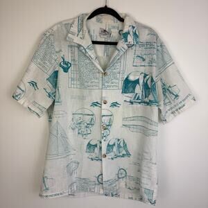 Vintage His Royal Highness Hawaii Mens Button-Up Yacht Race White/Teal Shirt